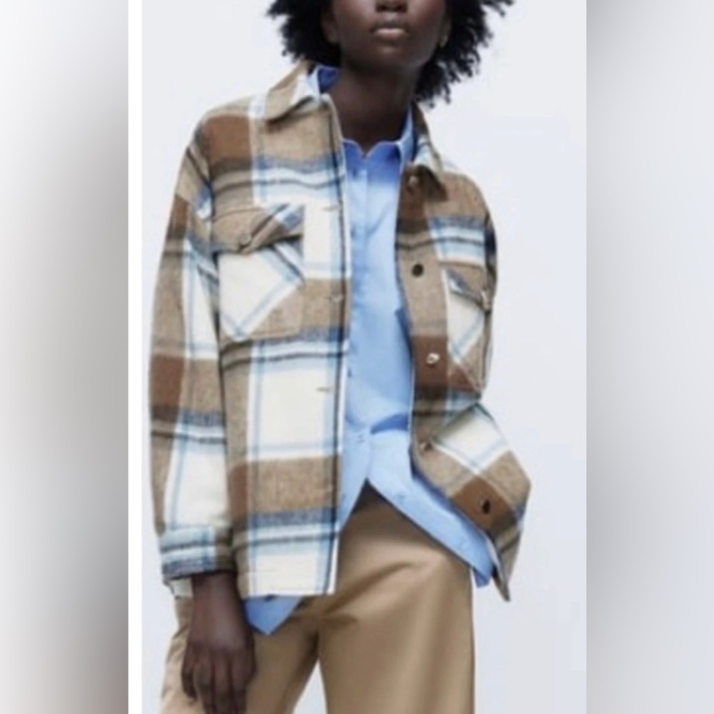 ZARA  Wool Blend Brown & White Plaid Shacket Jacket Size Small